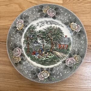 Adams Currier & Ives Vintage Ironstone Transferware Plate American Farm Autumn